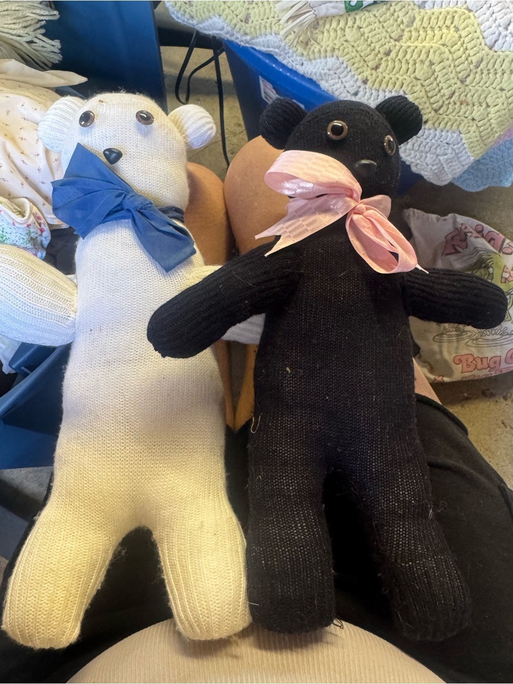 Handmade Knit Black and Cream Teddy Bears with Ribbon Bows